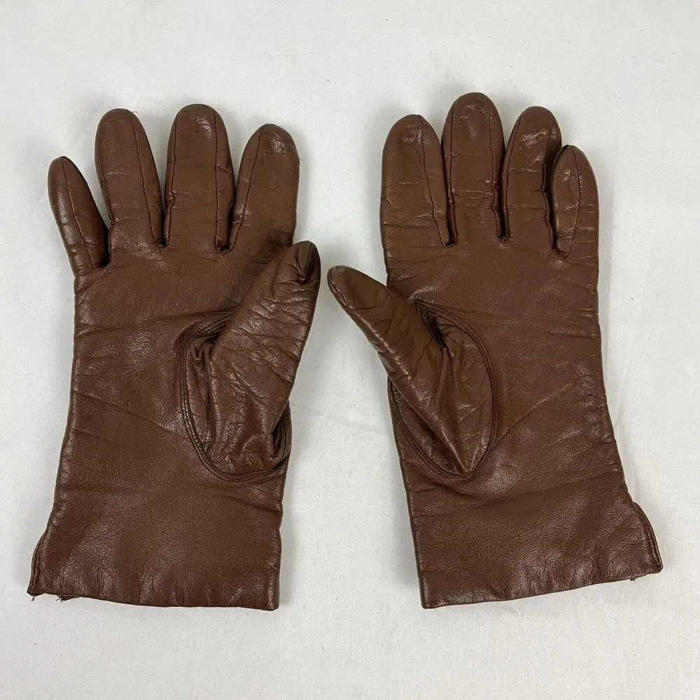 Vintage Fownes Womens Brown Leather Cashmere Lined Gloves Size 7‎